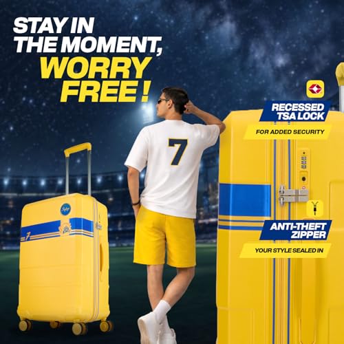 Image of Skybags Whistle Podu Check-in Trolley Bag 68cm | Medium | Hard Luggage | Official CSK Edition 8-Wheel Suitcase | TSA Lock with Anti-Theft Zipper | Polycarbonate | 3 Years Warranty - Unisex (Yellow)