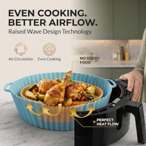Image of 1 Silicone Air Fryer Liner + 100 Paper Sheets | Reusable Silicone Liner with Disposable Parchment Paper | Non-Stick, Heat Resistant, Oil-Proof | Easy Clean for Air Fryer, Oven & Microwave