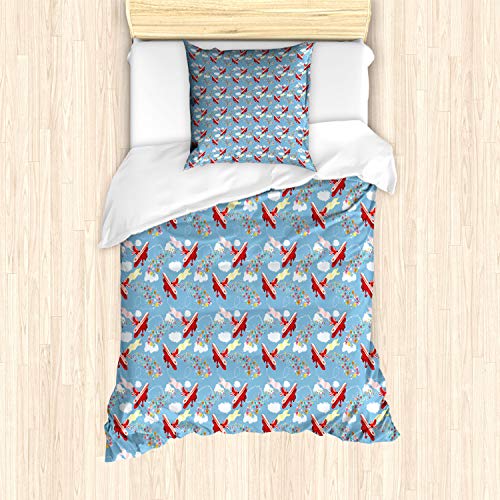 ABAKUHAUS Avión Ensemble de Housse de Couette, Dirigibles Actuales Rectángulos, Decorativo Piezas con Funda de Almohada, 135 cm x 200 cm - 80 x 80 cm, Multicolor