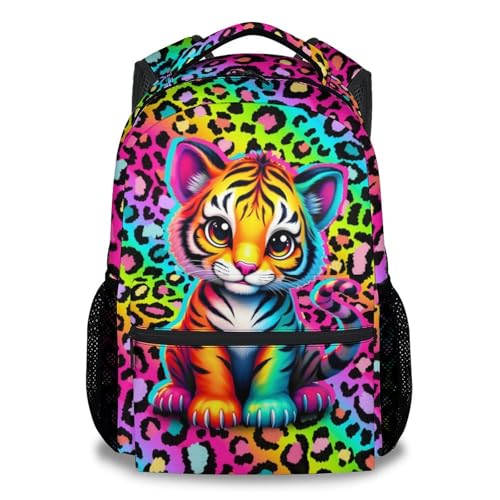 NICEFORNICE Mochila escolar para crianças – Mochila de tigre de 43 cm com alças ajustáveis – Mochila de grande capacidade com estampa de leopardo de desenho animado para ensino fundamental