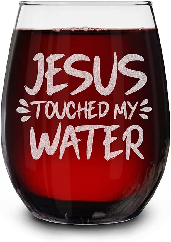 shop4ever Jesus Touched My Water Engraved Stemless Wine Glass 15 oz. Funny Christian Gifts for Women Birthday Gift Ideas for Pastor