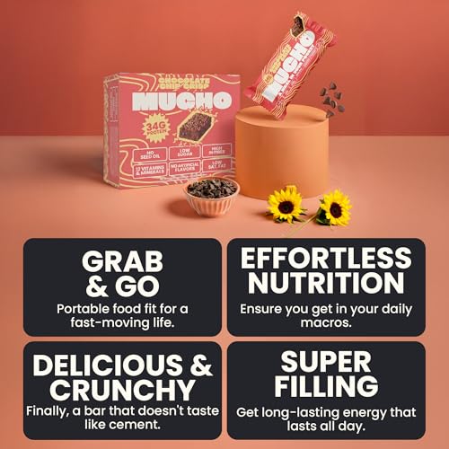 Image of Mucho Meal Bars, Chocolate Chip Crisp - 34g Protein, 3g Sugar, Low Saturated Fat - Healthy Meal Replacement Snack, Perfect for Bulking & Busy Lifestyles (8 Pack, Chocolate Chip Crisp)