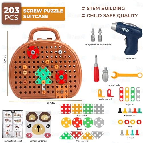 Image of Kidology Creative Toolbox with Toys Electric Drill Screwdriver Tool Set Creative Mosaic Puzzle Toy - 203 Pieces Electric Drill Toy & Rainbow Fasteners, Premium STEM Building Set for Kids 3+ Years Old