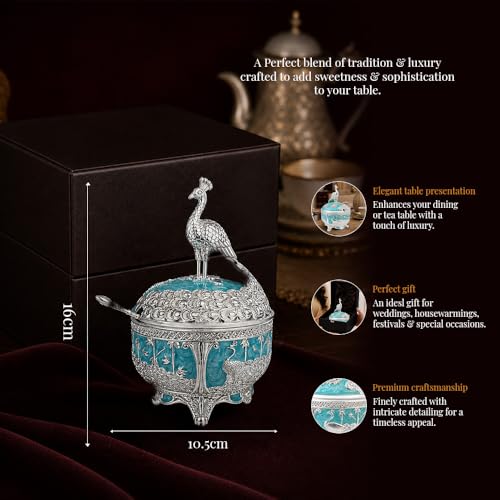Image of Diviniti Luxury German Silver Peacock Decorative Bowl with Spoon & Gift Box | Royal Turquoise Decorative Dry Fruit & Mishri Container | Premium Serving Bowl for Dining, Wedding & Festive Gift (16 cm)