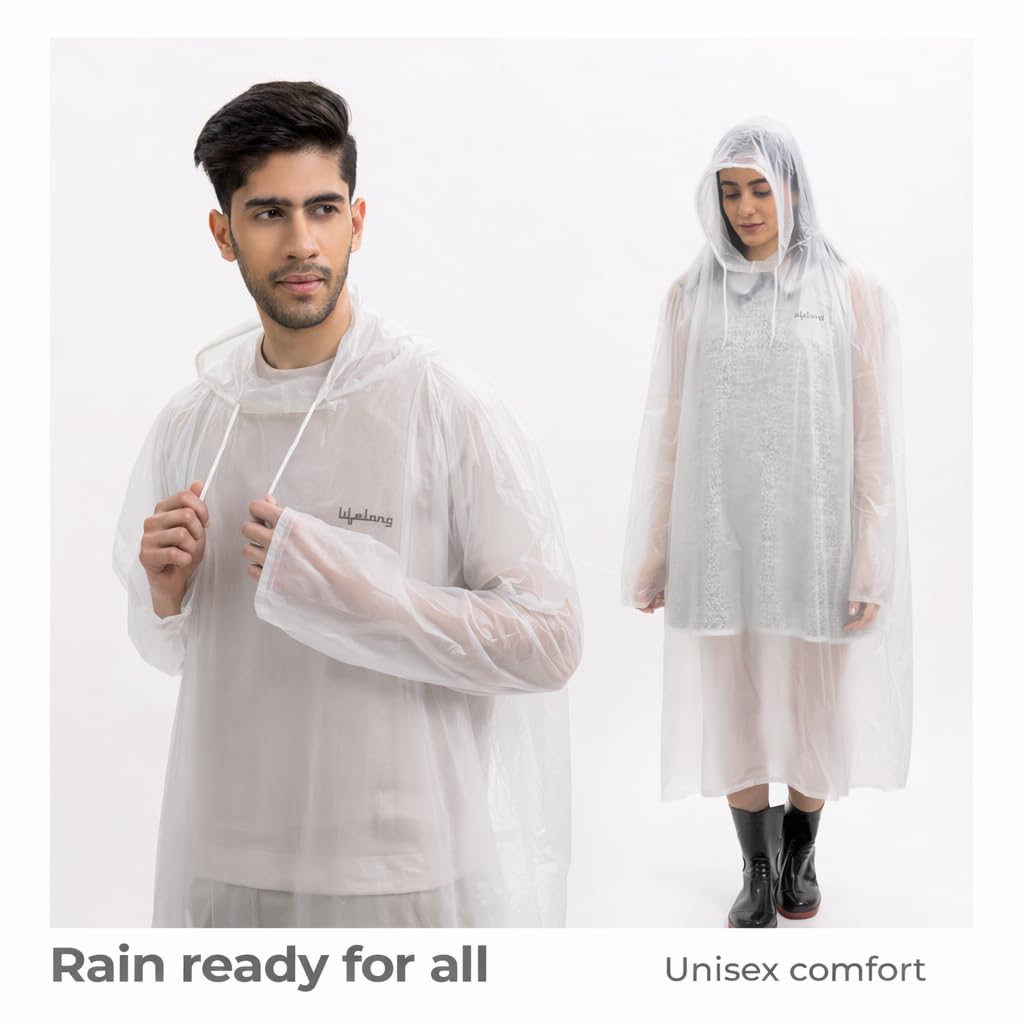 Lifelong Waterproof Unisex Raincoat | Hooded Full Sleeves Outdoor Poncho for Men, Women, Boys & Girls | Durable PVC Rainwear for Camping, Hiking, Travelling | Adjustable Drawstring |Transparent (1 Pc) 3