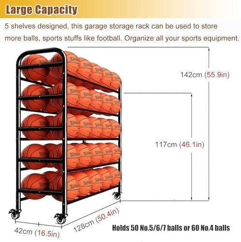 5-Tier Heavy Duty Basketball Rack with Wheels - Steel Ball Storage Organizer for Gym, School, Club - Sports Equipment Training Stand & Storage Cart