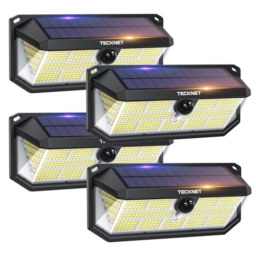 TECKNET Luz Solar Exterior, 495 LED,Iluminación de 300°, Foco Solar Exterior con Mando a Distancia, IP66 Impermeable, Focos Led Exterior Solares con Ganchos, para Jardines, Garajes, Patio