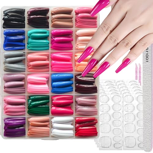 Image of 24 Colors Press on Nails Long Coffin Fake Nails Pure Color Glossy Full Cover Solid Color Stick on Nail for Women Manicure 576Pcs