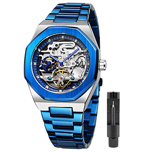 Tiong Mécanique Montres Hommes Mode Automatique Horloge Homme Bleu en Acier Inoxydable Étanche Montre Squelette d'affaires