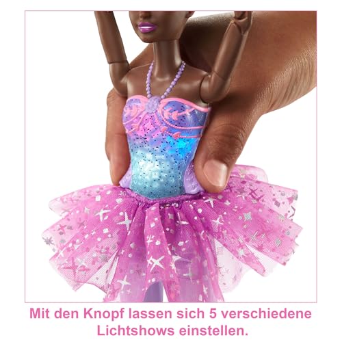 Image of Barbie Dreamtopia Twinkle Lights Ballerina Doll with Brunette Hair & Light-Up Feature Wearing Removable Headband & Purple Tutu