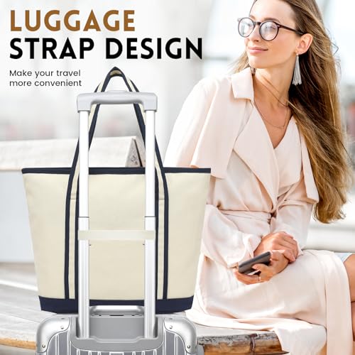 Image of Large Canvas Tote Bag for Women, Beach Bag with Zipper, Utility Tote Bag with 3 Front Pockets, Weekender Pool Bag