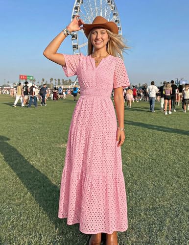 Image of ZESICA Women's 2026 Summer Short Sleeve Maxi Dress Casual V Neck Hollow Out Eyelet Ruffle Swing A Line Long Dresses