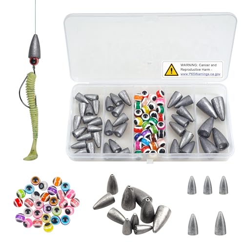 Bullet Fishing Sinker Weights Kit 65pcs Worm Weights with Eye Beads Slip Sliding Sinkers for Bass Fishing Texas Rig Saltwater Freshwater