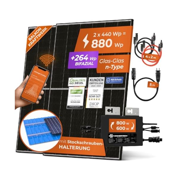 Solarway® 880W Balkonkraftwerk 800W komplett Steckdose - neuester 800 Watt Wechselrichter - Solaranlage Komplettset - 440W bifaziale Solarmodule & Envertech & Zubehör