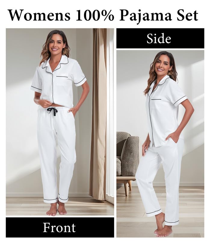 Image of CF Womens 100% Cotton Pajamas Set Button Down Pjs Sets Short Sleeve Top & Long Pants Sleepwear Comfy Loungewear with Pockets