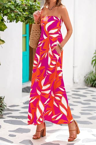 MASCOMODA Summer Boho Floral Maxi Dresses for Women 2025 Strapless Tube Top Dress Smocked Flowy Beach Vacation Long Sundress4