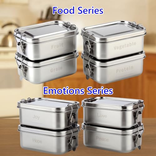 QinSuiKai 4 Pack Stainless Steel Lunch Box, 550ml Small Metal Bento Box Engraving Food Words, Reusable Dishwasher Safe Stainless Steel Containers for Work, Outdoor (Food, Small) — view 5