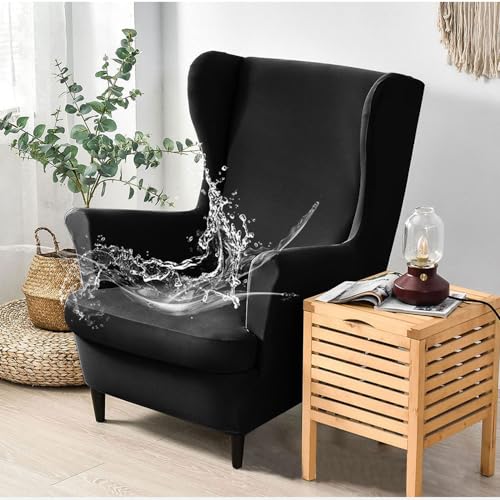 Hixingo Funda de Sillón de Orejas Elástica, Fundas para Sillones Orejeros 2 Piezas con Funda de Cojín, Color Sólido Funda de Sofá Relax para Salón, Hotel (Negro,One Size)