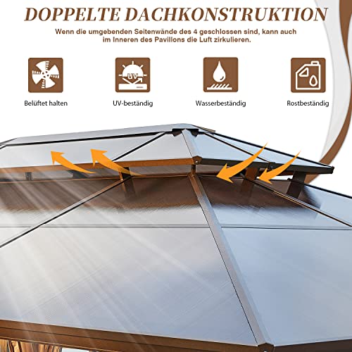 EROMMY 4 X 3 m Pavillon Doppeldach Alu Wasserdicht mit Vorhang-Seitenteile und Netz, Wetterfest Gartenpavillon Stabil Aluminiumrahmen Polycarbonat Partyzelt Hardtop für Garten, Terrasse