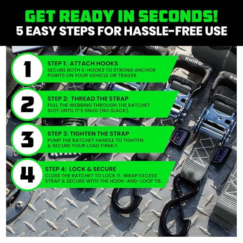 Image of Rhino USA Heavy Duty Ratchet Tie Downs (4-Pack) - 1.6in x 8ft, 5,000lb