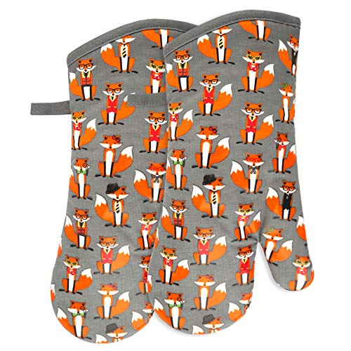Oven Mitts Gloves 1 Pair Heat Resistant 480 ℉ Non Slip Clear Silicone Printed Fox Comfortable Cotton Lining Kitchen Women Men Cooking Baking Barbecue Machine Washable (Fox, Gray Mittens) #TOP7