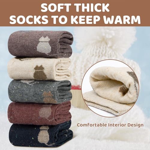 Image of Justay 5 Pairs Womens Wool Socks Thick Warm Winter Socks Casual Cozy Socks Vintage Knit Crew Socks Gift for Women
