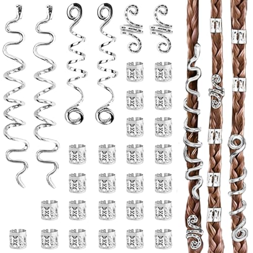 LUFFLOK 31 Peças Argolas Anéis Tranças, Joias para Tranças, Anéis Ajustáveis de Prata, Charms para Dreadlocks, Clips de Decoração para Cabelo Dourado para Mulher e Homem, Acessórios de Cabelo Estilo