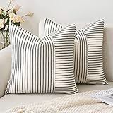 MIULEE Black and Beige Patchwork Farmhouse Pillow Covers 18x18 Inch, Pack of 2 Striped Linen Decorative Modern Accent Pillow Cases for Sofa Couch Bedroom