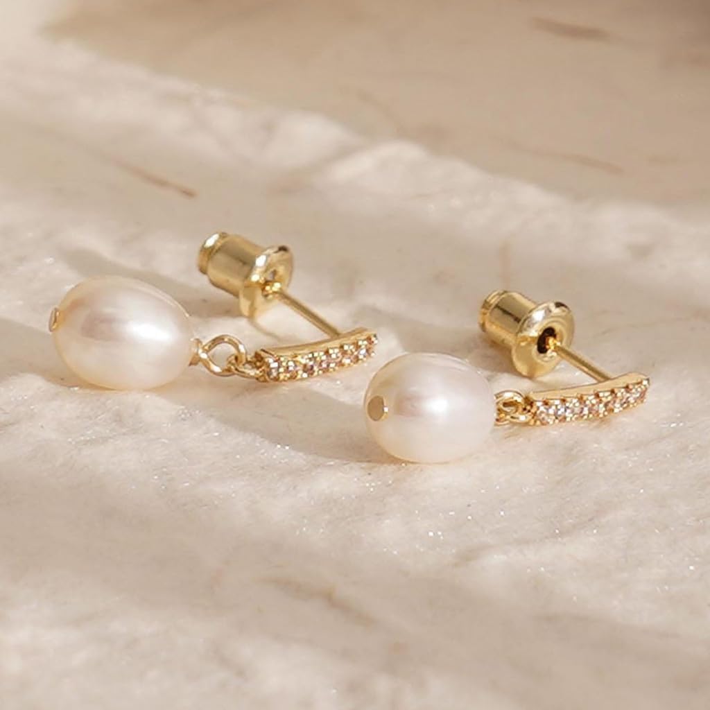 Pearl Earrings for Women Trendy, Dainty 14K Gold Plated CZ Pearl Drop Earrings Cute Dangle Earring Wedding Prom Jewelry Bridal Gifts for Her - Image 7