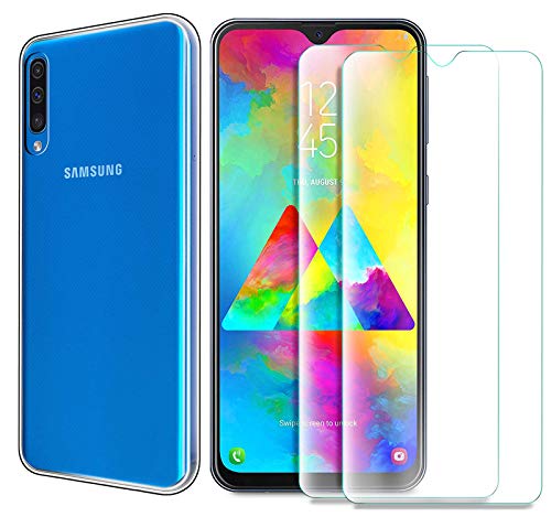 MYLBOO Funda Samsung Galaxy A50 con Protector de Pantalla,[3 en 1] Funda Transparente TPU para teléfono móvil + [2 Pack] 9H Protector de Pantalla de Vidrio Templado para Samsung Galaxy A50