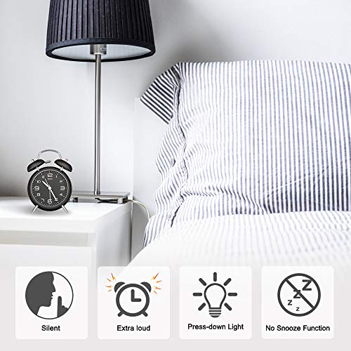 Image of Eachui Double Bell Alarm Clock with Night Light, Loud Alarm, Analogue Alarm Clock with Large Dial of 4 Inches, No Ticking, Silent, Alarm Clock Battery Operated, Retro Design (Black)
