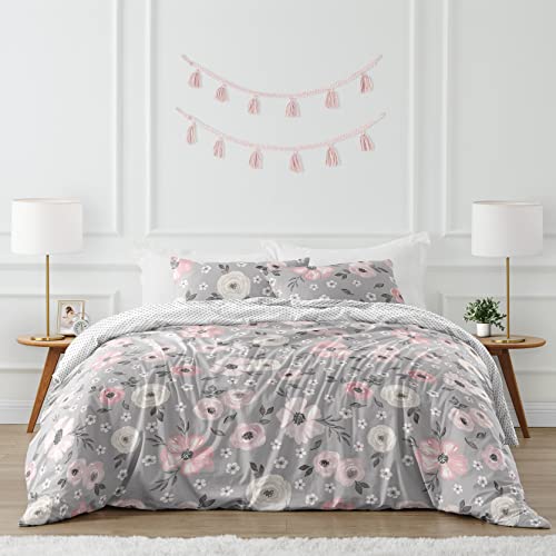 Image of Sweet Jojo Designs Grey Watercolor Floral Girl Full /Queen Bedding Comforter Set Kids Childrens Size - 3 Pieces - Blush Pink Gray and White Shabby Chic Rose Flower Polka Dot Farmhouse