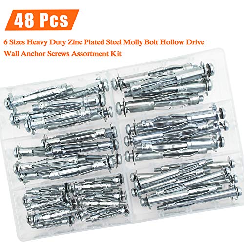 HELIFOUNER Hollow Wall Anchor Screws Set, 6 Sizes Heavy Duty Zinc Plated Steel Molly Bolt Hollow Drive Wall Anchor Screws Assortment Kit for Drywall, Plaster and Tile, 48 PCS