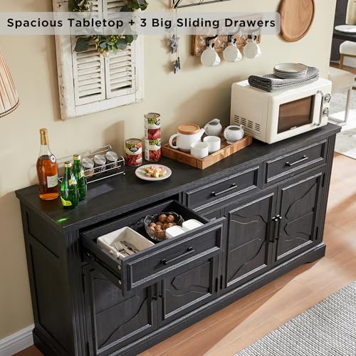 Image of JXQTLINGMU 66 inch Farmhouse Buffet Cabinet with Storage, Sideboard Credenza, Carved Cloud-Inspired Doors, 3 Drawers & Adjustable Shelves, Coffee Bar Cabinet, Black