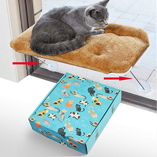 LSAIFATER All Around 360° Sunbath and Lower Support Safety Iron Cat Window Perch, Cat Hammock Window Seat for Any Cats (M, Cat Bed Brown)