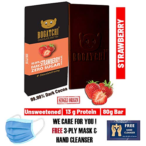 Image of BOGATCHI Chocolate 99% Dark| Strawberry | Real Cocoa Intense Dark Chocolate, 80 gm