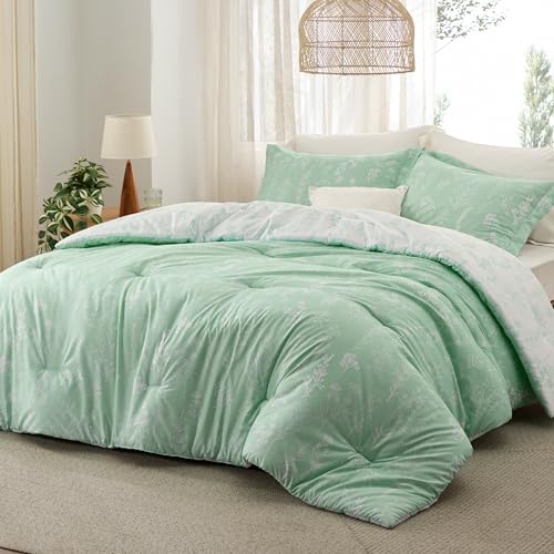 Image of Bedsure Twin Comforter Set - Mint Green Bed Set, 2 Pieces Cute Floral Bedding, 1 Soft Reversible Botanical Flowers Comforter and 1 Pillow Sham