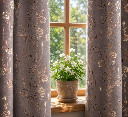 Image of Velvet Golden Foil Flower Pattern Curtains 7 Feet Long Pack of 1, Grey