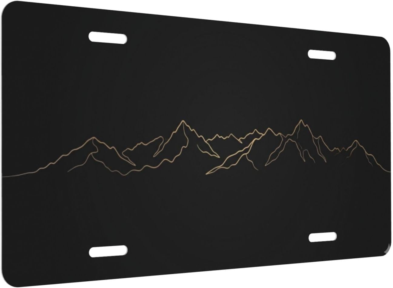 Gold Mountain License Plate Decorative Front License Plate for Car SUV Truck Novelty Metal Auto Car Tag Cover Black Line Art 4 Holes (6x12 Inch)