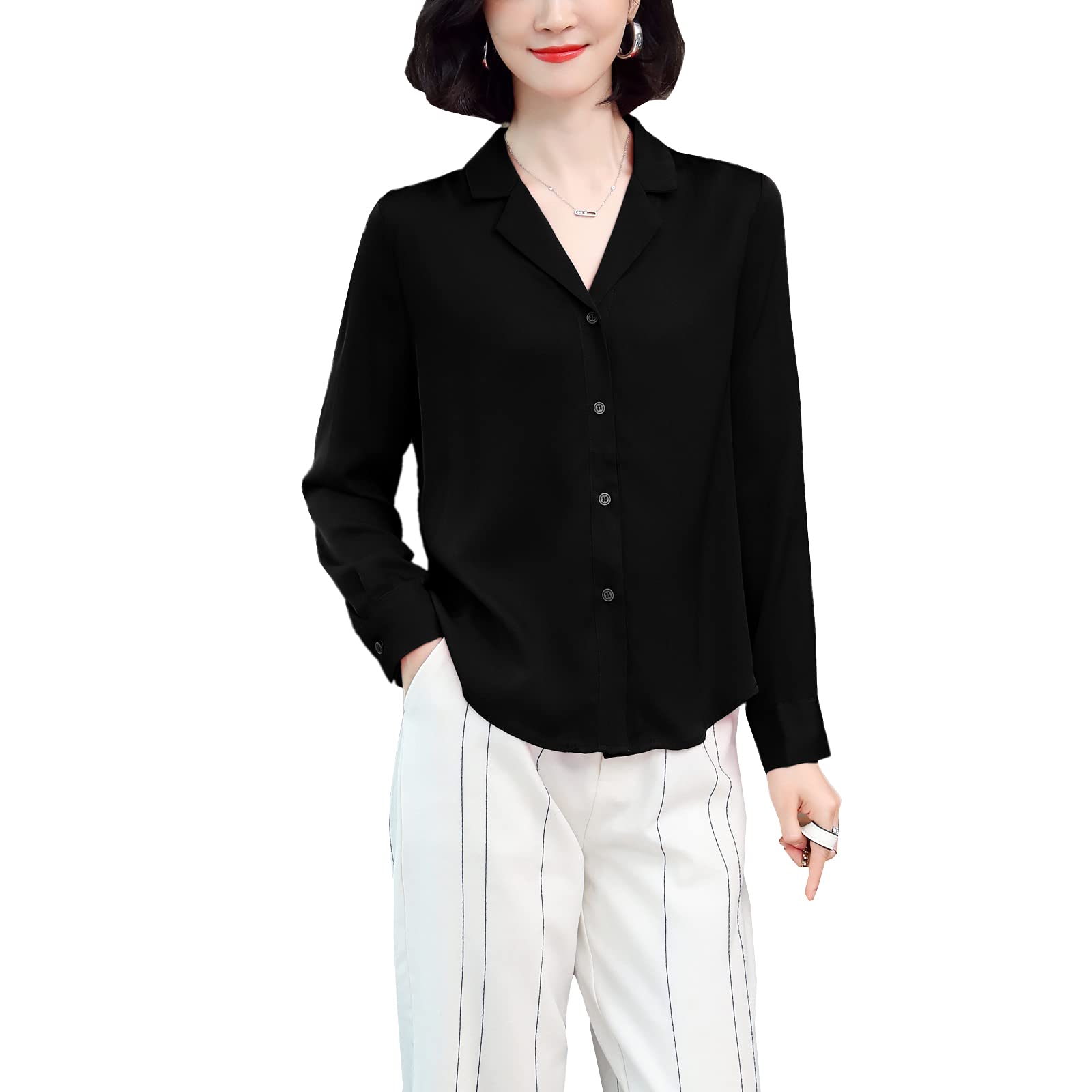 Valin Blusa de seda para mujer, camisa de seda sólida, con botones, blusa de manga larga con solapa, blusa de seda, S3371
