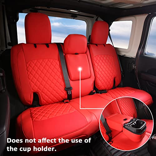 Image of GIANT PANDA Jeep Wrangler 4 Door JL 2018-2026 Full Set Car Seat Covers for Sahara Altitude Rubicon 392 Unlimited with Rear Cup Holder, Customized Faux Leather - (Red)