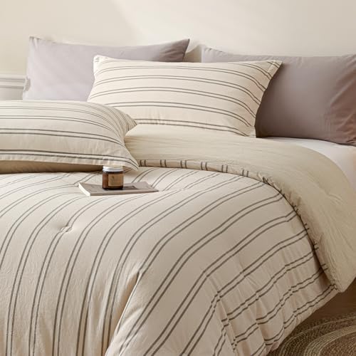 Image of Cyusri Cotton Stripe Full Comforter Set - Soft Lightweight Bedding 3 Pieces Dyed Bed Set with 2 Pillow Shams,Reversible All Season Farmhouse Down Alternative(Full Size 80 inchx90 inch Beige)