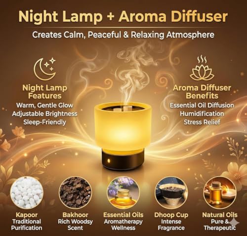 Image of Electric Kapoor Dani with On /Off Switch & Night Lamp | Flameless Camphor Diffuser, Steel Plate for Pooja Room & Bedroom & Office | Works with Camphor, Essential Oils & Bakhoor