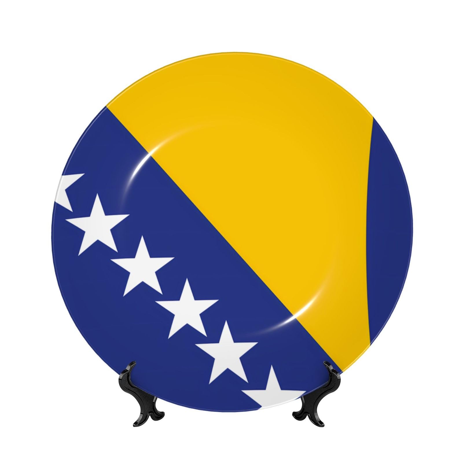 SXZVVBN Flag of Bosnia and Herzegovina Bone China Decorative Plate Art with Stand Removable Adhesive Hanging for Home Office 10in（25cm）