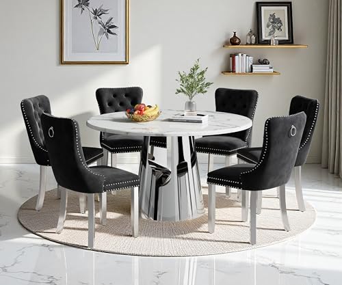 Image of 7-Piece Round Dining Table Set for 6, Modern Faux Marble Kitchen Table and Black Velvet Chairs Set of 6, Luxury 45 inch Circle White Silver Dining Room Tables with Stainless Steel Base
