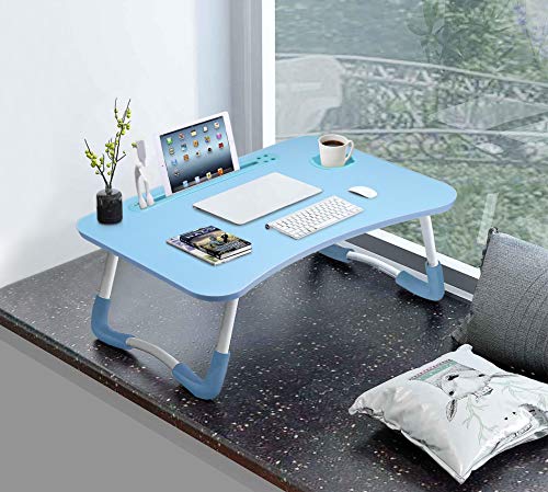 Image of Slendor Foldable Lap Desk with Cup Holder for Bed, Couch, Floor | Portable,with USB Light, Fan, Pen Holder,Tablet Holder,for Laptop,Writing,Eating,Blue