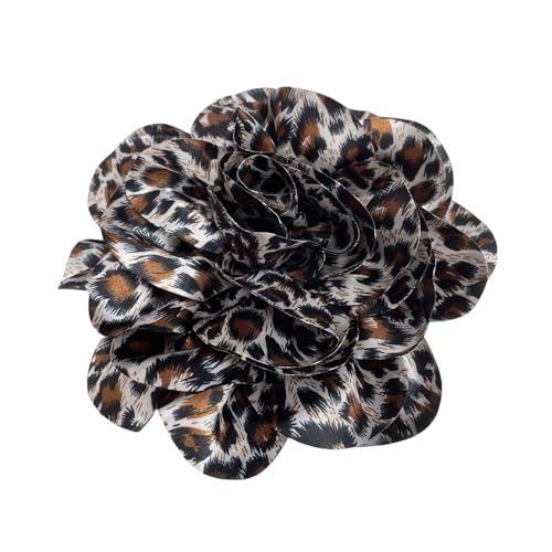 Image of Dainty Dyed Satin Fabric Leopard Print Rose Flower Extra Large Big Brooches Lapel Pins for Women Delicate Silk Floral Flower Oversized Brooch Pin for Wedding Party Banquet Dress Suit Ceremony Clothes Accessories Jewelry Gifts 7.5in