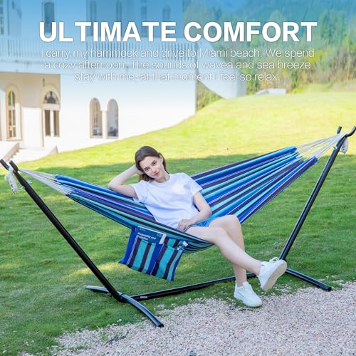 Image of PNAEUT Double Hammocks with Stand for Outside, Portable Space Saving Heavy-Duty Steel Stand for Indoor Outdoor Patio with Carrying Bag, 450 lbs Capacity (Blue Lagoon)