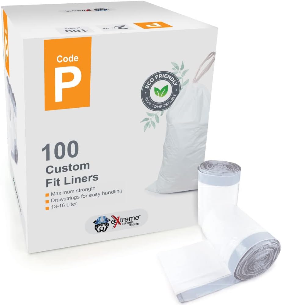 - Compatible With Simplehuman Code P - Durable Custom Fit Plastic White Trash Bags w/Drawstring, 50-60 Liter/ 13-16 Gallon Trash Cans - 2 Refill Rolls (100 Count) -Heavy Duty Kitchen Garbage Bags
