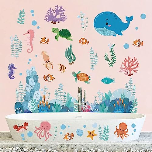 Tanlaby Under The Sea Wall Decal Ocean Fish Creatures Wall Stickers Dolphin Turtle Ocean Grass Wall Art Sticker for Kids Baby Nursery Bedroom Playroom Bathroom Wall Decor - Image 4